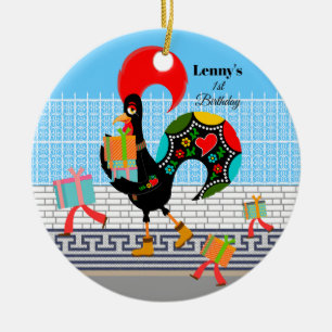 Portuguese Rooster with gifts 1st Birthday Party  Ceramic Ornament