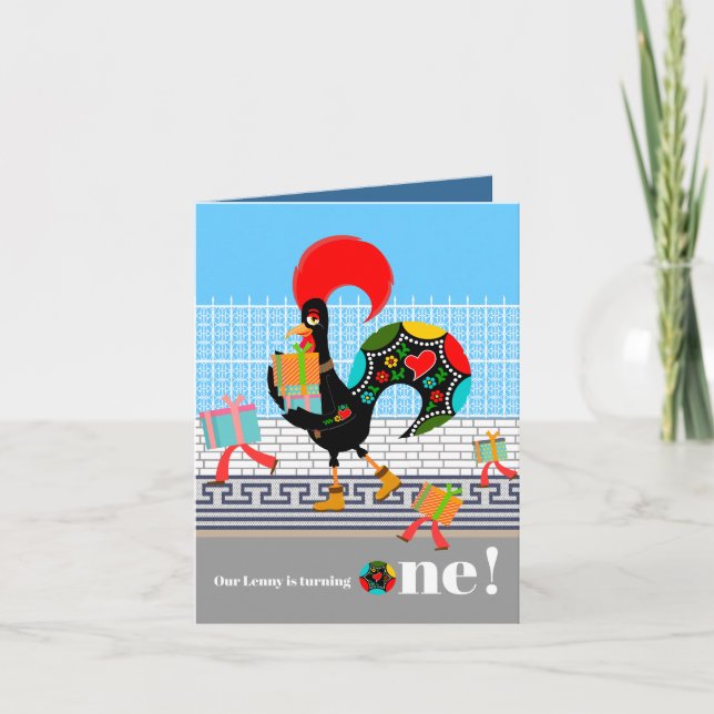 Portuguese Rooster with gifts 1st Birthday Party  Invitation (Front)