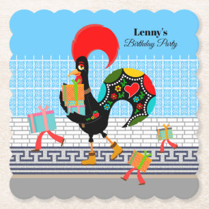 Portuguese Rooster with gifts 1st Birthday Party Paper Coaster