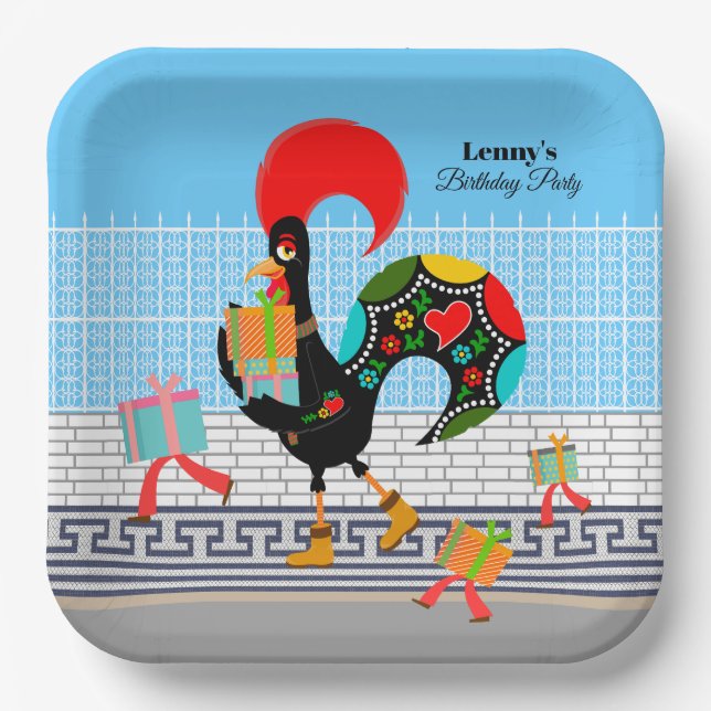 Portuguese Rooster with gifts 1st Birthday Party  Paper Plates (Front)