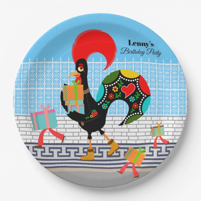 Portuguese Rooster with gifts 1st Birthday Party  Paper Plates (Front)