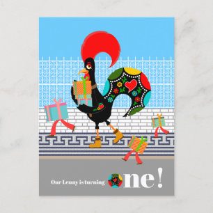 Portuguese Rooster with gifts 1st Birthday Party Postcard