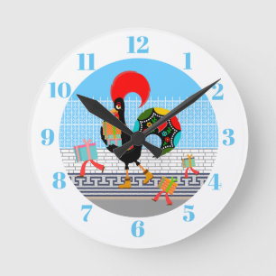 Portuguese Rooster with gifts 1st Birthday Party Round Clock