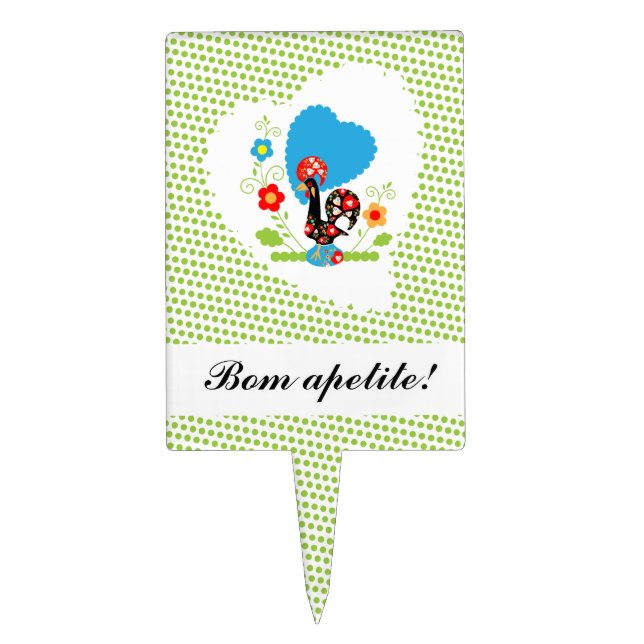 Portuguese Rooster with light green polka dots. Cake Topper (Front)