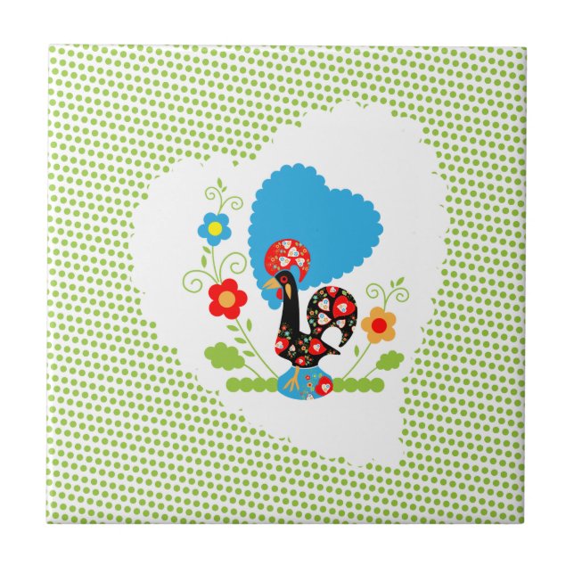 Portuguese Rooster with light green polka dots. Ceramic Tile (Front)