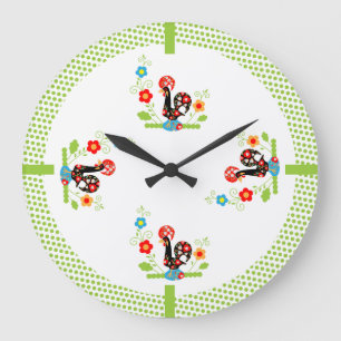 Portuguese Rooster with light green polka dots. Large Clock