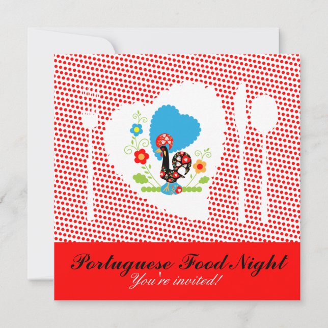 Portuguese rooster with red polka dots invitation (Front)