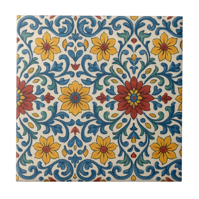 Portuguese Spanish Floral Mediterranean Pattern Ceramic Tile (Front)