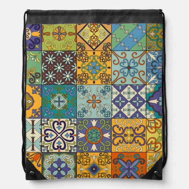 Portuguese Talavera Tile Design Drawstring Bag (Front)