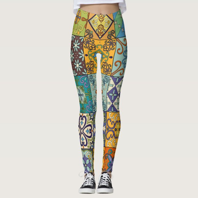 Portuguese Talavera Tile Design Leggings (Front)