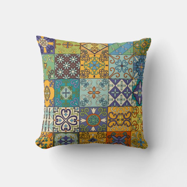 Portuguese Talavera Tile Design Throw Pillow (Front)