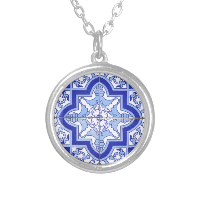 Portuguese Tile Blue and White Silver Plated Necklace (Front)