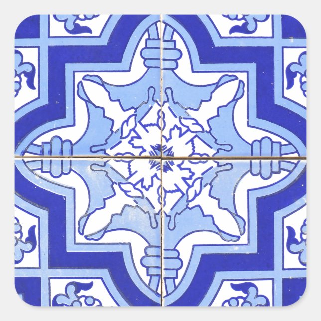 Portuguese Tile Blue and White Square Sticker (Front)