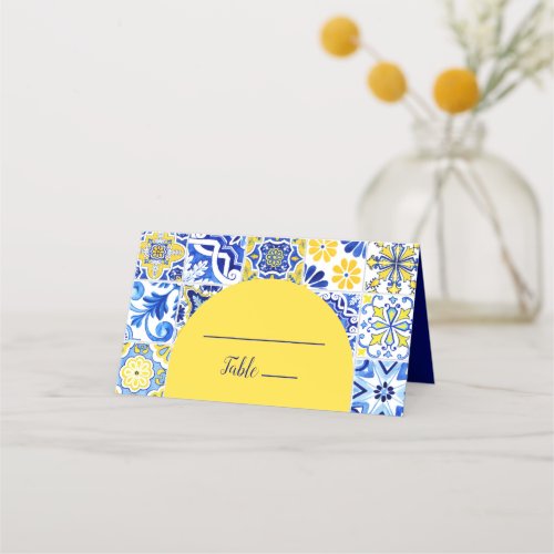 Portuguese Tile Blue White Yellow Arch Wedding Place Card