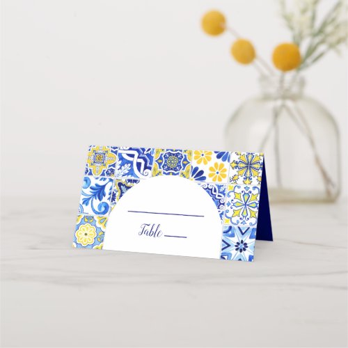 Portuguese Tile Blue Yellow White Arch Wedding Place Card