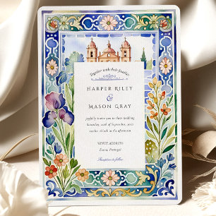 Portuguese Tile & Évora Floral Watercolor Wedding Invitation
