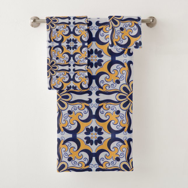 Portuguese tile pattern bath towel set (Insitu)