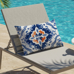 Portuguese Tile Pattern Blue White Orange Lumbar Pillow