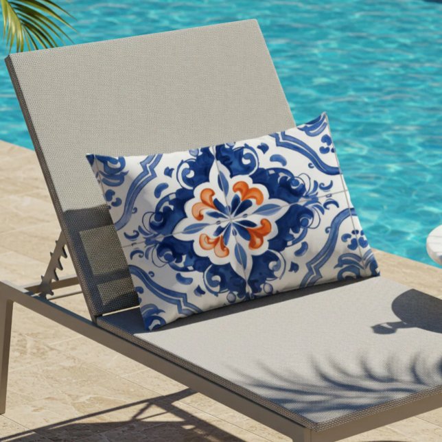 Portuguese Tile Pattern Blue White Orange Lumbar Pillow (Creator Uploaded)