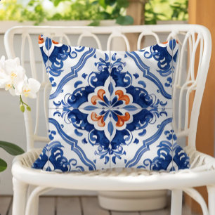 Portuguese Tile Pattern Blue White Orange Outdoor Pillow