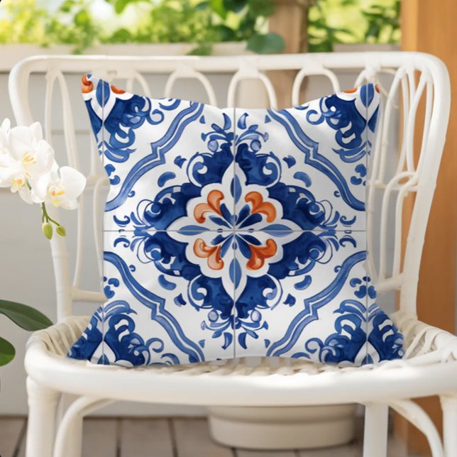 Portuguese Tile Pattern Blue White Orange Outdoor Pillow (Creator Uploaded)