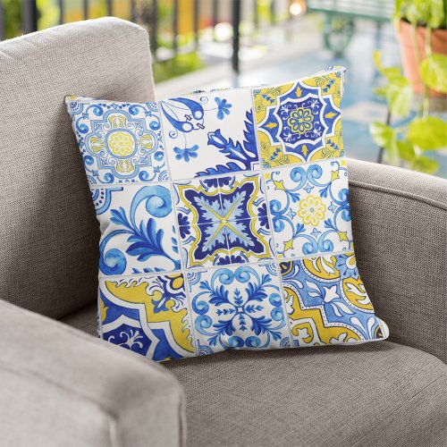 Portuguese Tile Pattern Blue White Yellow Outdoor Pillow