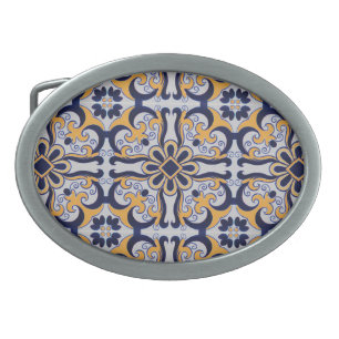 Portuguese tile pattern oval belt buckle