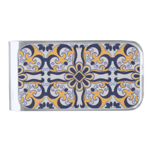 Portuguese tile pattern silver finish money clip