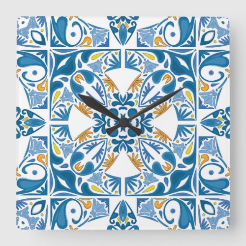 Portuguese Tile Pattern Square Wall Clock