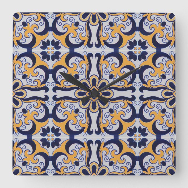 Portuguese tile pattern square wall clock (Front)
