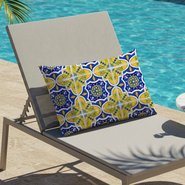Portuguese Tile Pattern Yellow Blue Outdoor Lumbar Pillow (Creator Uploaded)