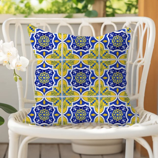 Portuguese Tile Pattern Yellow Blue Outdoor Pillow (Creator Uploaded)