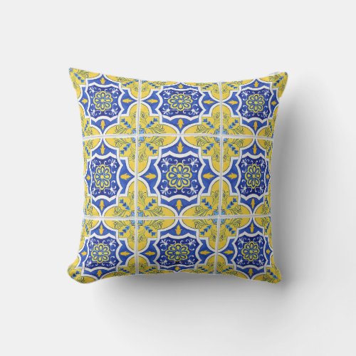 Portuguese Tile Pattern Yellow Blue Outdoor Pillow
