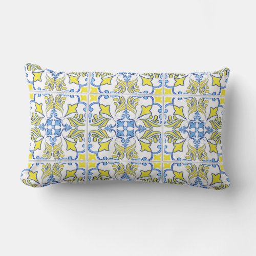 Portuguese Tile Pattern Yellow White Blue Outdoor Lumbar Pillow