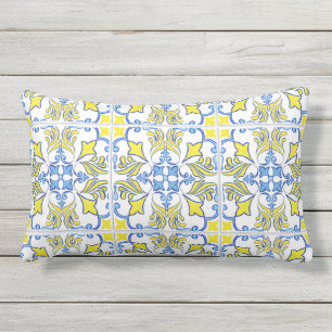 Portuguese Tile Pattern Yellow White Blue Outdoor Lumbar Pillow