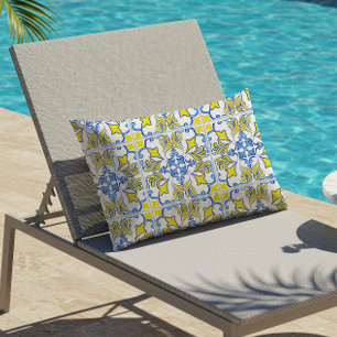 Portuguese Tile Pattern Yellow White Blue Outdoor Lumbar Pillow