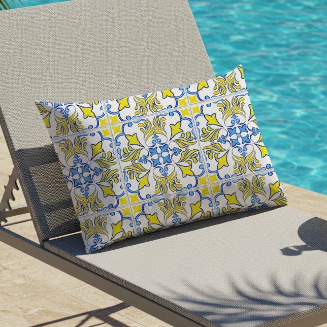 Portuguese Tile Pattern Yellow White Blue Outdoor Lumbar Pillow (Creator Uploaded)