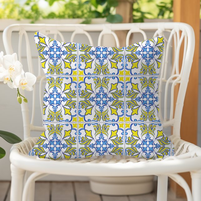 Portuguese Tile Pattern Yellow White Blue Outdoor Pillow (Creator Uploaded)