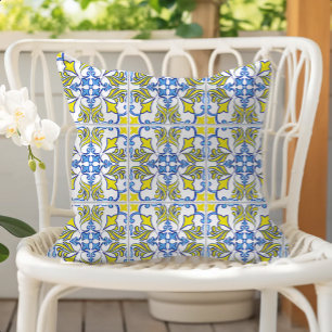 Portuguese Tile Pattern Yellow White Blue Outdoor Pillow