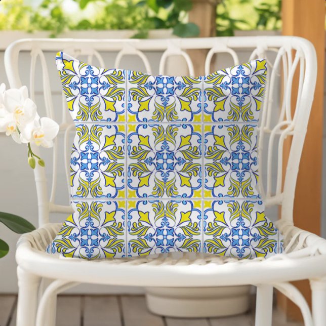 Portuguese Tile Pattern Yellow White Blue Outdoor Pillow (Creator Uploaded)