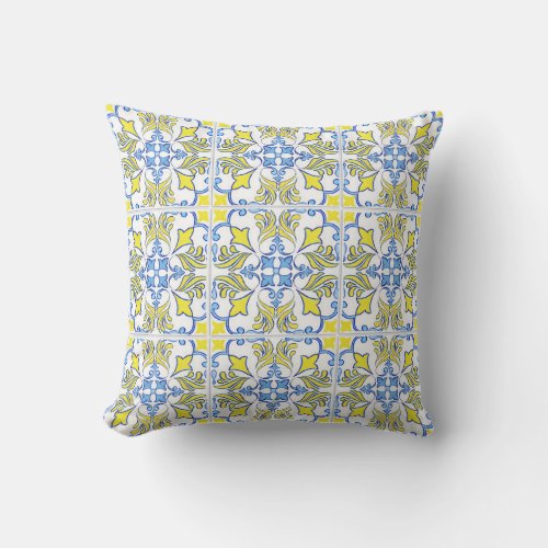 Portuguese Tile Pattern Yellow White Blue Outdoor Pillow