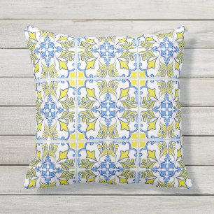 Portuguese Tile Pattern Yellow White Blue Outdoor Pillow
