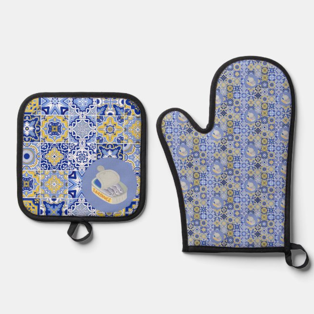 Portuguese Tiles and Sardines Oven Mitt & Pot Holder Set (Front)