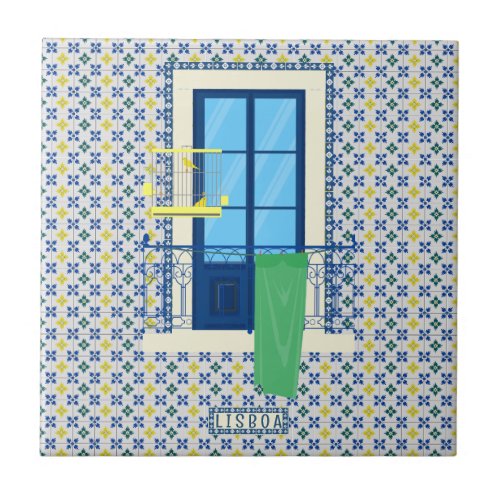 Portuguese tiles and window balcony with bird