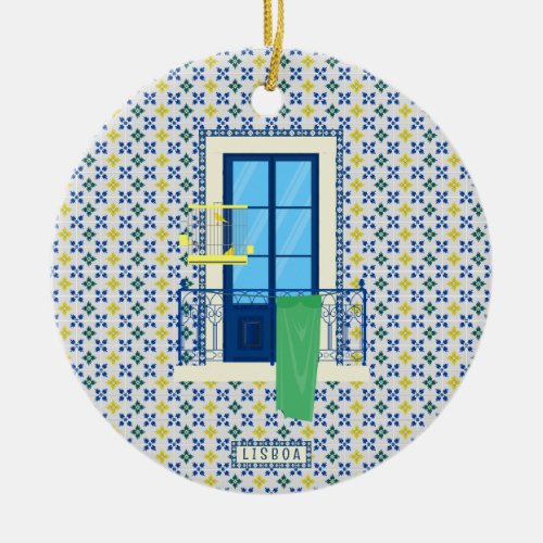 Portuguese tiles and window balcony with bird ceramic ornament