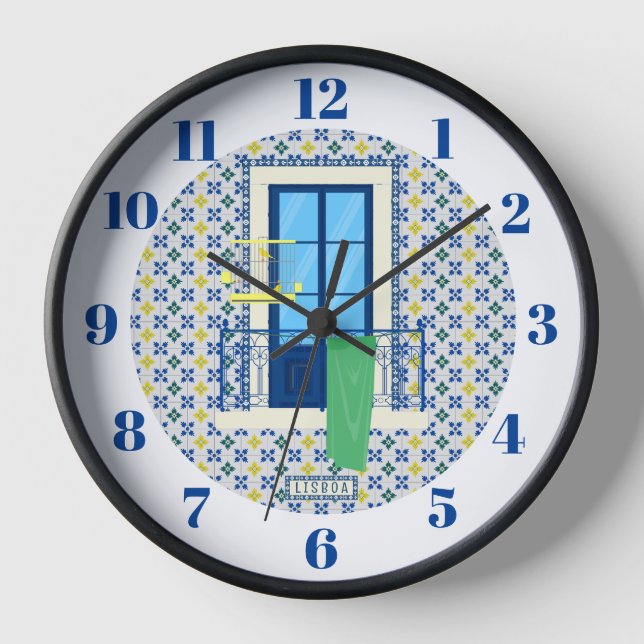Portuguese tiles and window balcony with bird clock (Front)