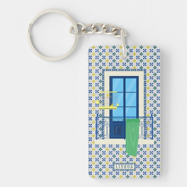 Portuguese tiles and window balcony with bird keychain (Front)