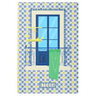 Portuguese tiles and window balcony with bird metal print