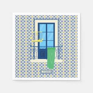 Portuguese tiles and window balcony with bird napkins