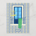 Portuguese tiles and window balcony with bird postcard
